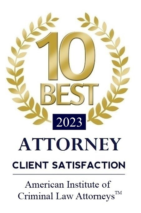 A badge that reads, "10 best 2023 attorney client satisfaction; American Institute of Criminal Law Attorneys."